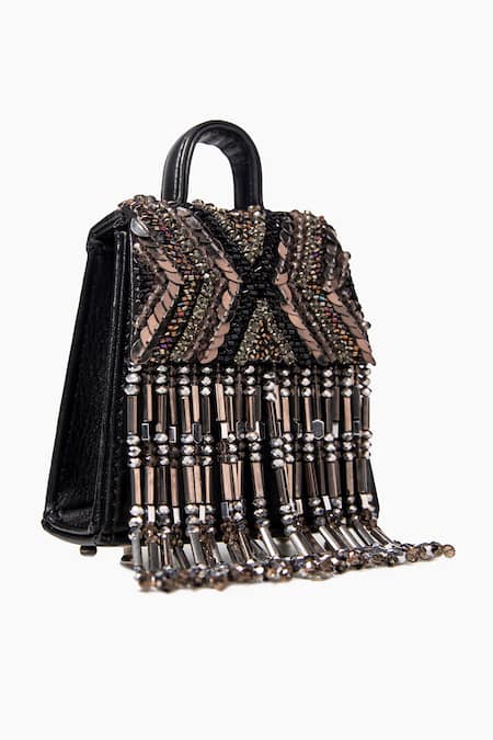 Buy_Born Flash_Black Beads, Sequins Seraphim Embellished Leather Bag _Online_at_Aza_Fashions