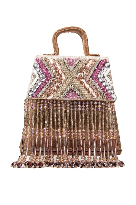 Born Flash_Multi Color Beads, Tassels Seraphim Ombre Embellished Leather Bag _Online_at_Aza_Fashions