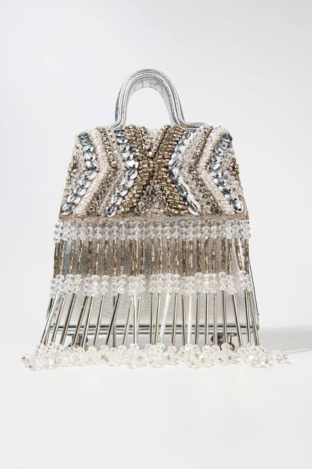 Born Flash_Silver Beads, Tassels Seraphim Embellished Leather Bag _Online_at_Aza_Fashions