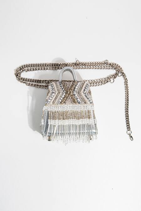 Buy_Born Flash_Silver Beads, Tassels Seraphim Embellished Leather Bag _Online_at_Aza_Fashions