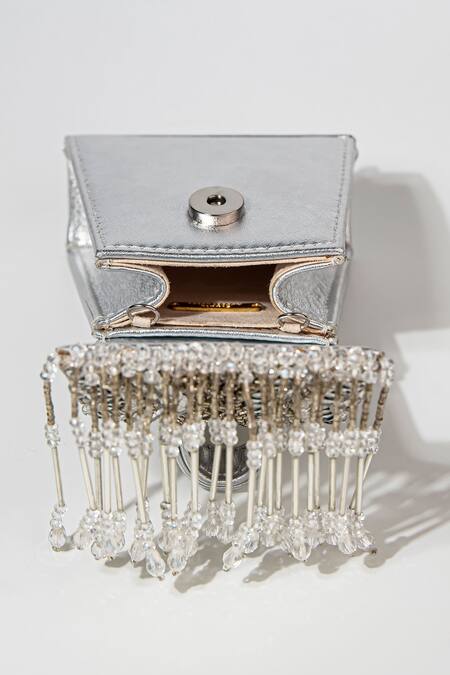Shop_Born Flash_Silver Beads, Tassels Seraphim Embellished Leather Bag _Online_at_Aza_Fashions