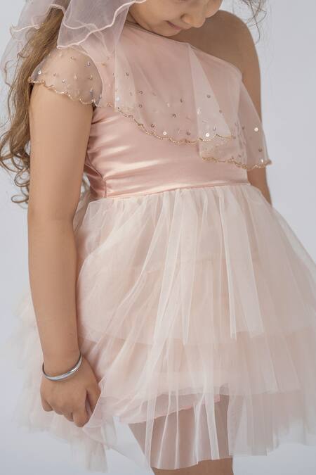 Buy_Darleen Kids Couture_Peach Satin, Net, Taffeta Sequins, Embroidery Serene One Shoulder Dress _Online_at_Aza_Fashions