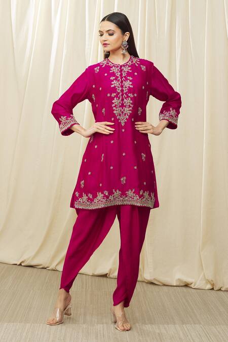 Jayanti Reddy Pink Silk Cut Work, Embroidery Round Neck Aari Tunic Dhoti Pant Set at Aza Fashions Jayanti Reddy_Pink Silk Cut Work, Embroidery Round Neck Aari Tunic Dhoti Pant Set _at_Aza_Fashions