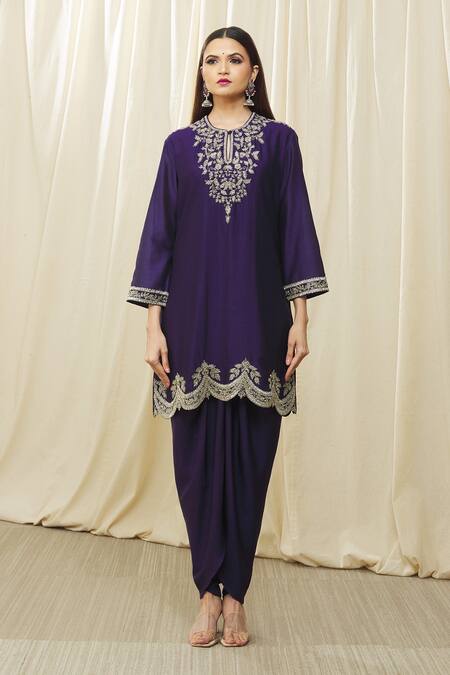 Jayanti Reddy_Purple Silk Cut Work, Sequins, Embroidery Round Neckline Tunic Dhoti Pant Set _at_Aza_Fashions