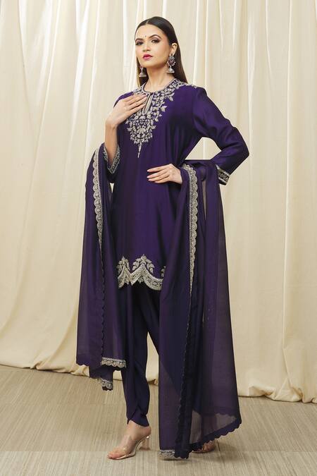 Jayanti Reddy_Purple Silk Cut Work, Sequins, Embroidery Round Neckline Tunic Dhoti Pant Set _Online_at_Aza_Fashions