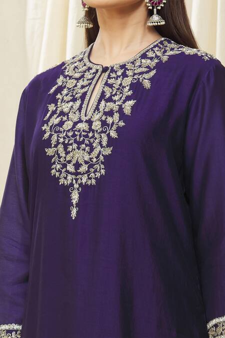 Shop_Jayanti Reddy_Purple Silk Cut Work, Sequins, Embroidery Round Neckline Tunic Dhoti Pant Set _Online_at_Aza_Fashions