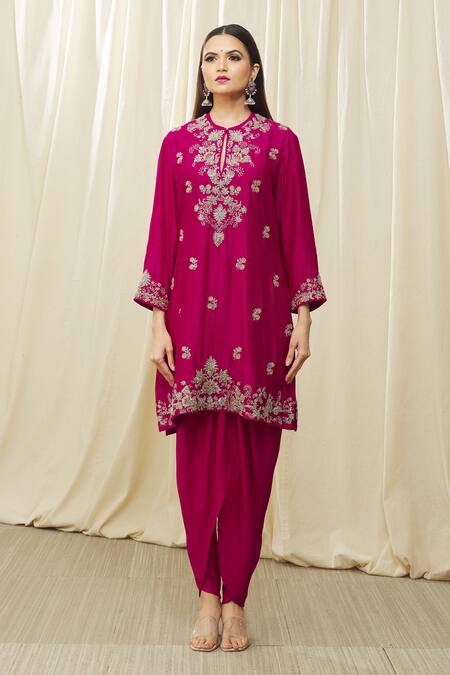 Shop Jayanti Reddy Pink Silk Embroidery, Cut Work Round Neck Floral Tunic Dhoti Pant Set Shop_Jayanti Reddy_Pink Silk Embroidery, Cut Work Round Neck Floral Tunic Dhoti Pant Set