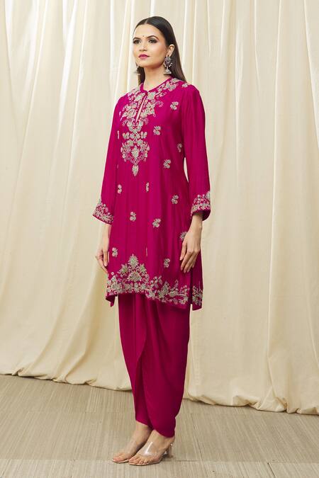 Jayanti Reddy Pink Silk Embroidery, Cut Work Round Neck Floral Tunic Dhoti Pant Set Online at Aza Fashions Jayanti Reddy_Pink Silk Embroidery, Cut Work Round Neck Floral Tunic Dhoti Pant Set _Online_at_Aza_Fashions