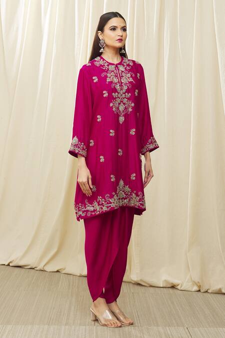 Buy Jayanti Reddy Pink Silk Embroidery, Cut Work Round Neck Floral Tunic Dhoti Pant Set Online at Aza Fashions Buy_Jayanti Reddy_Pink Silk Embroidery, Cut Work Round Neck Floral Tunic Dhoti Pant Set _Online_at_Aza_Fashions