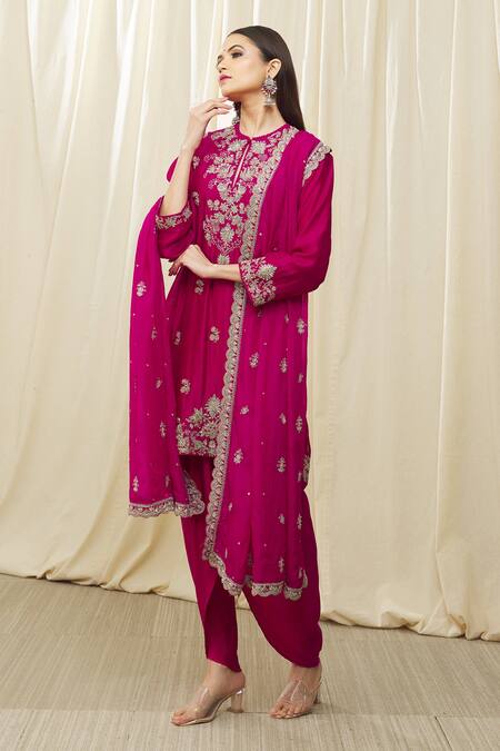 Shop Jayanti Reddy Pink Silk Embroidery, Cut Work Round Neck Floral Tunic Dhoti Pant Set Online at Aza Fashions Shop_Jayanti Reddy_Pink Silk Embroidery, Cut Work Round Neck Floral Tunic Dhoti Pant Set _Online_at_Aza_Fashions