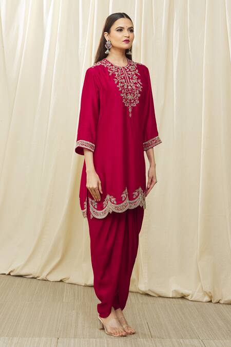 Buy Jayanti Reddy Red Silk Embroidery Round Neck Scallop Hem Tunic Set Online at Aza Fashions Buy_Jayanti Reddy_Red Silk Embroidery Round Neck Scallop Hem Tunic Set _Online_at_Aza_Fashions