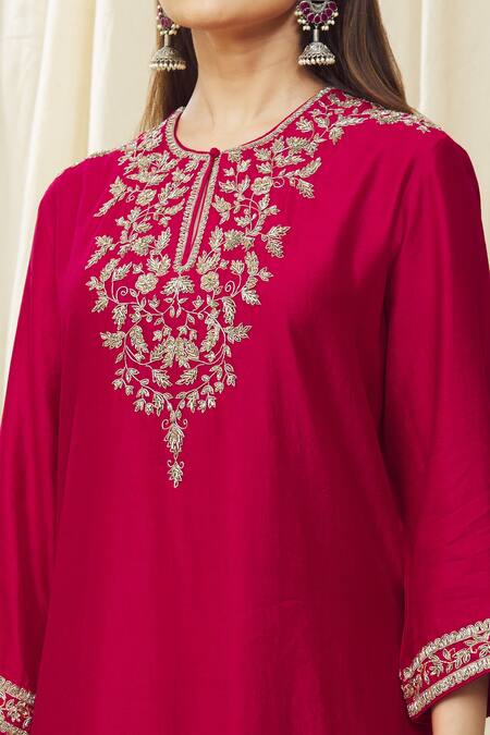 Shop Jayanti Reddy Red Silk Embroidery Round Neck Scallop Hem Tunic Set Online at Aza Fashions Shop_Jayanti Reddy_Red Silk Embroidery Round Neck Scallop Hem Tunic Set _Online_at_Aza_Fashions