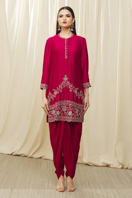 Jayanti Reddy Red Silk Lace, Tassels Round Neck Embroidered Tunic Dhoti Pant Set Online at Aza Fashions Jayanti Reddy_Red Silk Lace, Tassels Round Neck Embroidered Tunic Dhoti Pant Set _Online_at_Aza_Fashions