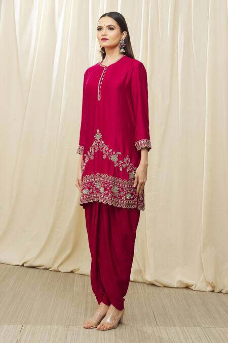 Buy Jayanti Reddy Red Silk Lace, Tassels Round Neck Embroidered Tunic Dhoti Pant Set Online at Aza Fashions Buy_Jayanti Reddy_Red Silk Lace, Tassels Round Neck Embroidered Tunic Dhoti Pant Set _Online_at_Aza_Fashions