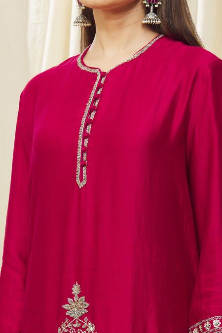 Jayanti Reddy Red Silk Lace, Tassels Round Neck Embroidered Tunic Dhoti Pant Set at Aza Fashions Jayanti Reddy_Red Silk Lace, Tassels Round Neck Embroidered Tunic Dhoti Pant Set _at_Aza_Fashions