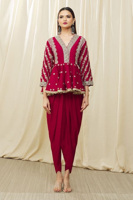 Shop_Jayanti Reddy_Red Silk Embroidery, Sequins V-neck Peplum Top And Dhoti Pant Set 