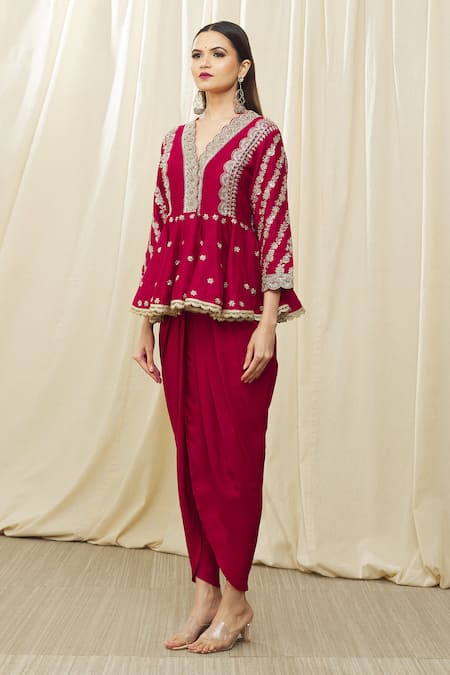 Jayanti Reddy_Red Silk Embroidery, Sequins V-neck Peplum Top And Dhoti Pant Set _Online_at_Aza_Fashions
