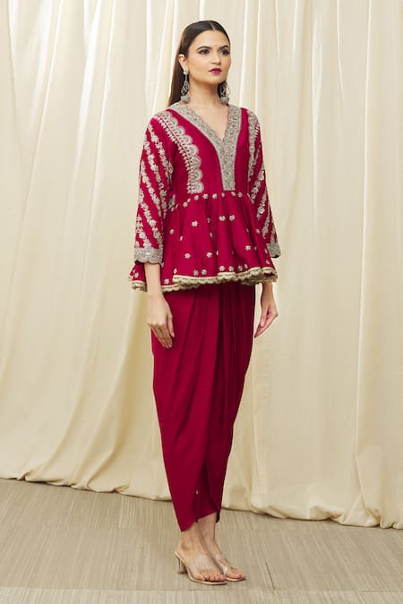 Buy_Jayanti Reddy_Red Silk Embroidery, Sequins V-neck Peplum Top And Dhoti Pant Set _Online_at_Aza_Fashions