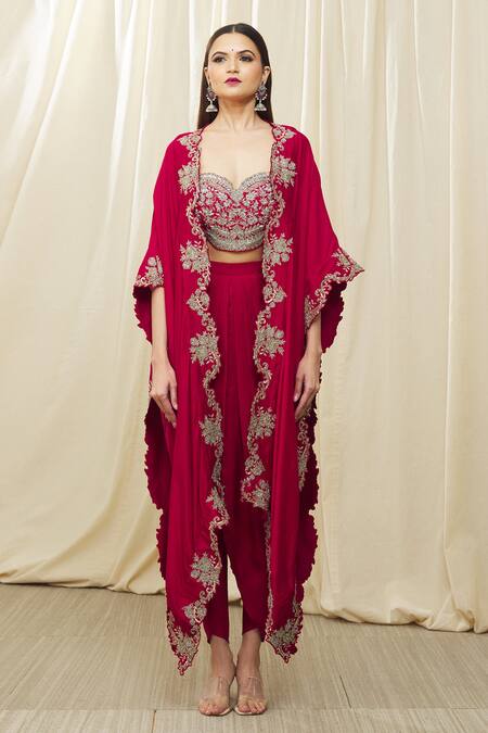 Jayanti Reddy_Red Silk Embroidery Sweetheart Neck Border Cape And Dhoti Pant Set _Online_at_Aza_Fashions