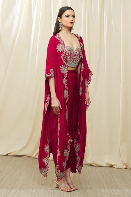 Shop_Jayanti Reddy_Red Silk Embroidery Sweetheart Neck Border Cape And Dhoti Pant Set _Online_at_Aza_Fashions