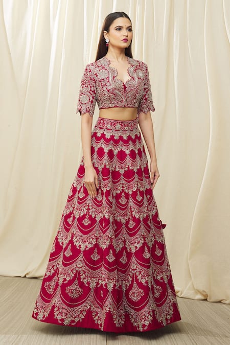 Shop_Jayanti Reddy_Red , Organza Sequins, Embroidery Scallop Pattern Bridal Lehenga Set _Online_at_Aza_Fashions