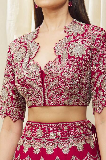 Jayanti Reddy_Red , Organza Sequins, Embroidery Scallop Pattern Bridal Lehenga Set _at_Aza_Fashions