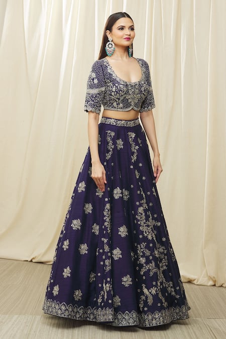 Buy Jayanti Reddy Purple Embroidered Lehenga With Beige Top And Dupatta  (Set Of 3) online