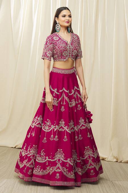 Shop Jayanti Reddy Pink , Satin Embroidery V-neck Aari Bridal Lehenga Set Online at Aza Fashions Shop_Jayanti Reddy_Pink , Satin Embroidery V-neck Aari Bridal Lehenga Set _Online_at_Aza_Fashions