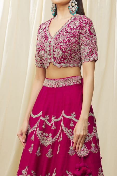 Jayanti Reddy Pink , Satin Embroidery V-neck Aari Bridal Lehenga Set at Aza Fashions Jayanti Reddy_Pink , Satin Embroidery V-neck Aari Bridal Lehenga Set _at_Aza_Fashions