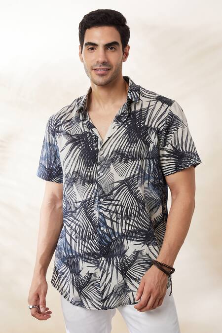 Seven Blue Cotton Palm Tree Print Shirt Online at Aza Fashions Seven_Blue Cotton Palm Tree Print Shirt_Online_at_Aza_Fashions