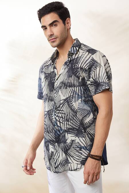 Buy Seven Blue Cotton Palm Tree Print Shirt Online at Aza Fashions Buy_Seven_Blue Cotton Palm Tree Print Shirt_Online_at_Aza_Fashions