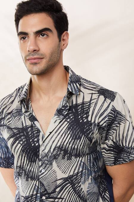 Shop Seven Blue Cotton Palm Tree Print Shirt Online at Aza Fashions Shop_Seven_Blue Cotton Palm Tree Print Shirt_Online_at_Aza_Fashions