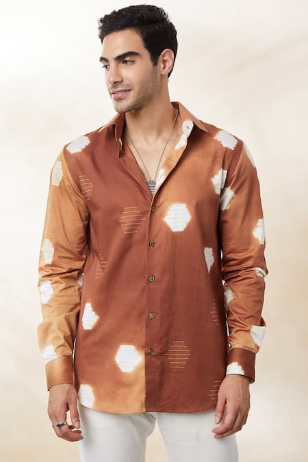 Seven_Brown Cotton Satin Embroidery Shibori Pattern Shirt_Online_at_Aza_Fashions