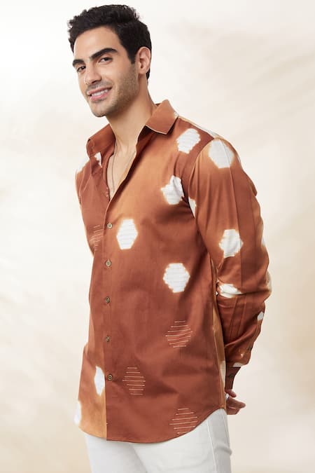 Buy_Seven_Brown Cotton Satin Embroidery Shibori Pattern Shirt_Online_at_Aza_Fashions