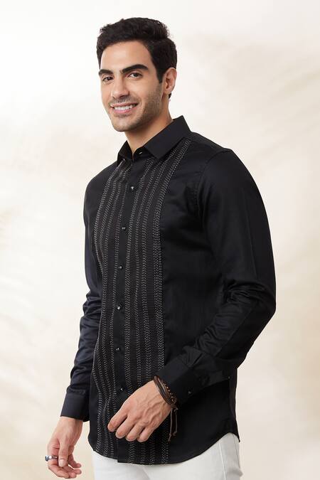Buy Seven Black Cotton Satin Embroidery Tagai Pattern Shirt Online at Aza Fashions Buy_Seven_Black Cotton Satin Embroidery Tagai Pattern Shirt_Online_at_Aza_Fashions