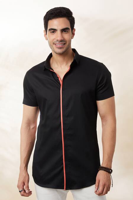 Seven_Black Cotton Satin Salmon Drop Shirt_Online_at_Aza_Fashions