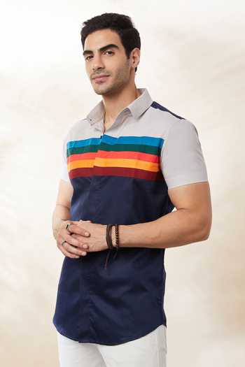 Seven_Blue Cotton Satin Spectrum One Shirt_Online_at_Aza_Fashions