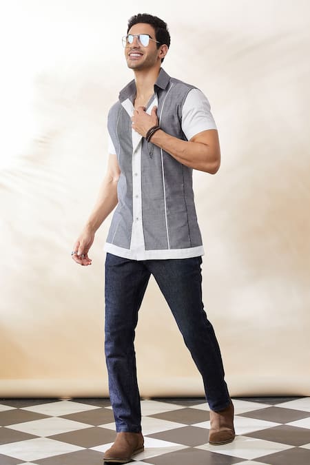 Shop_Seven_Grey Cotton Half Sleeve Two Tone Shirt _Online_at_Aza_Fashions