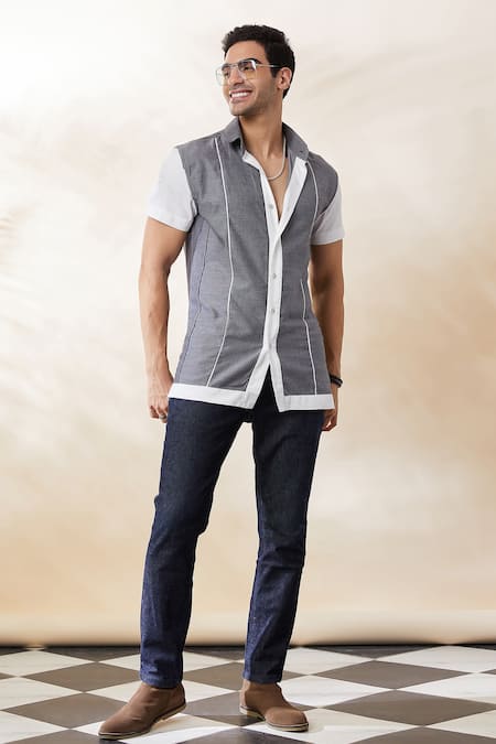Seven_Grey Cotton Half Sleeve Two Tone Shirt _at_Aza_Fashions
