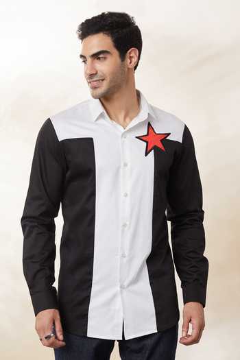 Seven Black Cotton Satin Embroidery Placement Star Shirt Online at Aza Fashions Seven_Black Cotton Satin Embroidery Placement Star Shirt_Online_at_Aza_Fashions