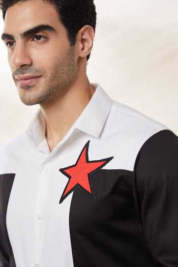 Buy Seven Black Cotton Satin Embroidery Placement Star Shirt Online at Aza Fashions Buy_Seven_Black Cotton Satin Embroidery Placement Star Shirt_Online_at_Aza_Fashions
