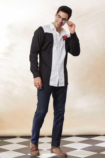 Shop Seven Black Cotton Satin Embroidery Placement Star Shirt Online at Aza Fashions Shop_Seven_Black Cotton Satin Embroidery Placement Star Shirt_Online_at_Aza_Fashions