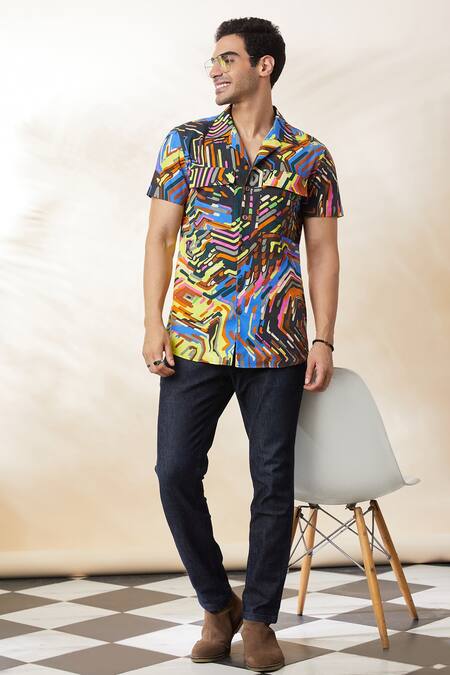 Buy_Seven_Multi Color Cotton Satin Electric Wave Abstract Print Shirt _Online_at_Aza_Fashions
