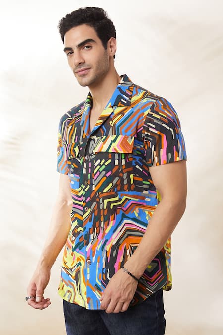 Shop_Seven_Multi Color Cotton Satin Electric Wave Abstract Print Shirt _Online_at_Aza_Fashions