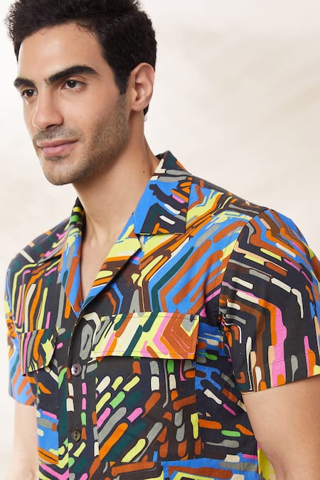 Seven_Multi Color Cotton Satin Electric Wave Abstract Print Shirt _at_Aza_Fashions