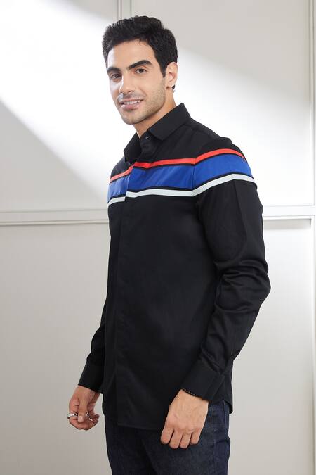 Seven Black Cotton Satin Retro Contrast Panel Shirt Online at Aza Fashions Seven_Black Cotton Satin Retro Contrast Panel Shirt_Online_at_Aza_Fashions