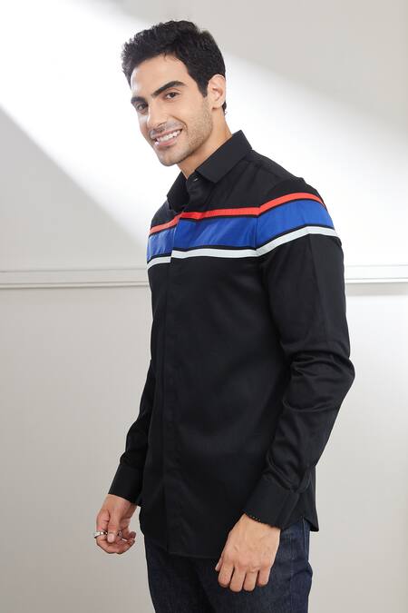 Buy Seven Black Cotton Satin Retro Contrast Panel Shirt Online at Aza Fashions Buy_Seven_Black Cotton Satin Retro Contrast Panel Shirt_Online_at_Aza_Fashions