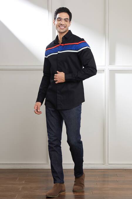 Shop Seven Black Cotton Satin Retro Contrast Panel Shirt Online at Aza Fashions Shop_Seven_Black Cotton Satin Retro Contrast Panel Shirt_Online_at_Aza_Fashions