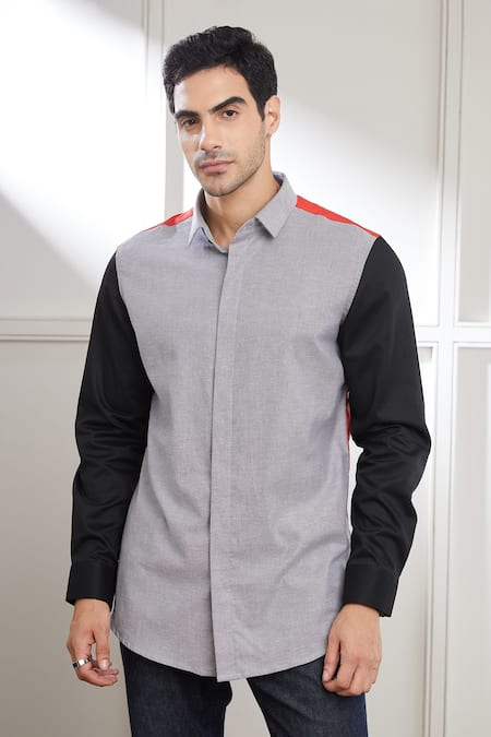 Seven_Grey Cotton Two Tone Shirt_Online_at_Aza_Fashions