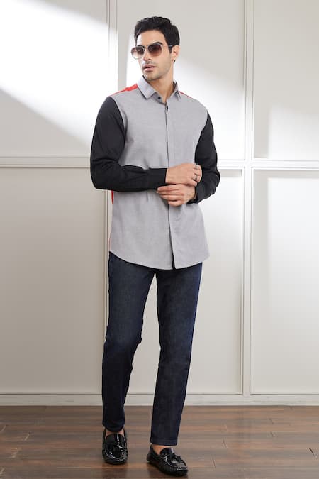 Shop_Seven_Grey Cotton Two Tone Shirt_Online_at_Aza_Fashions